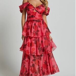 Elegant Red Floral Off-Shoulder Dress